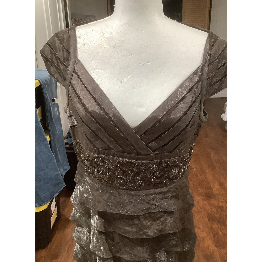Adrianna Papell Long Formal Dress Brown Shimmering Multi Layered Beaded Wt S12 - Picture 5 of 11